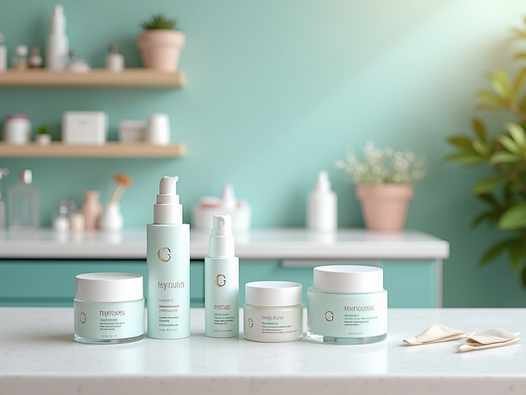 Assorted skincare products on a bathroom counter with teal backdrop.